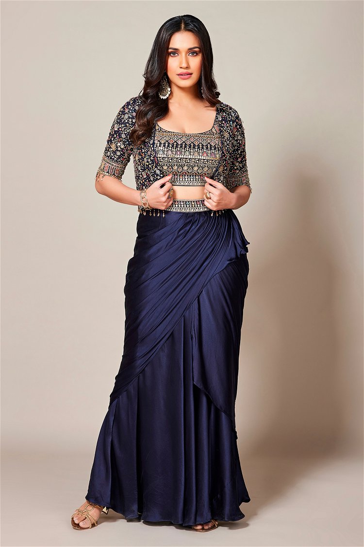 Blue Georgette Sequin Embroidered Crop Top Jacket with Draped Dhoti Skirt