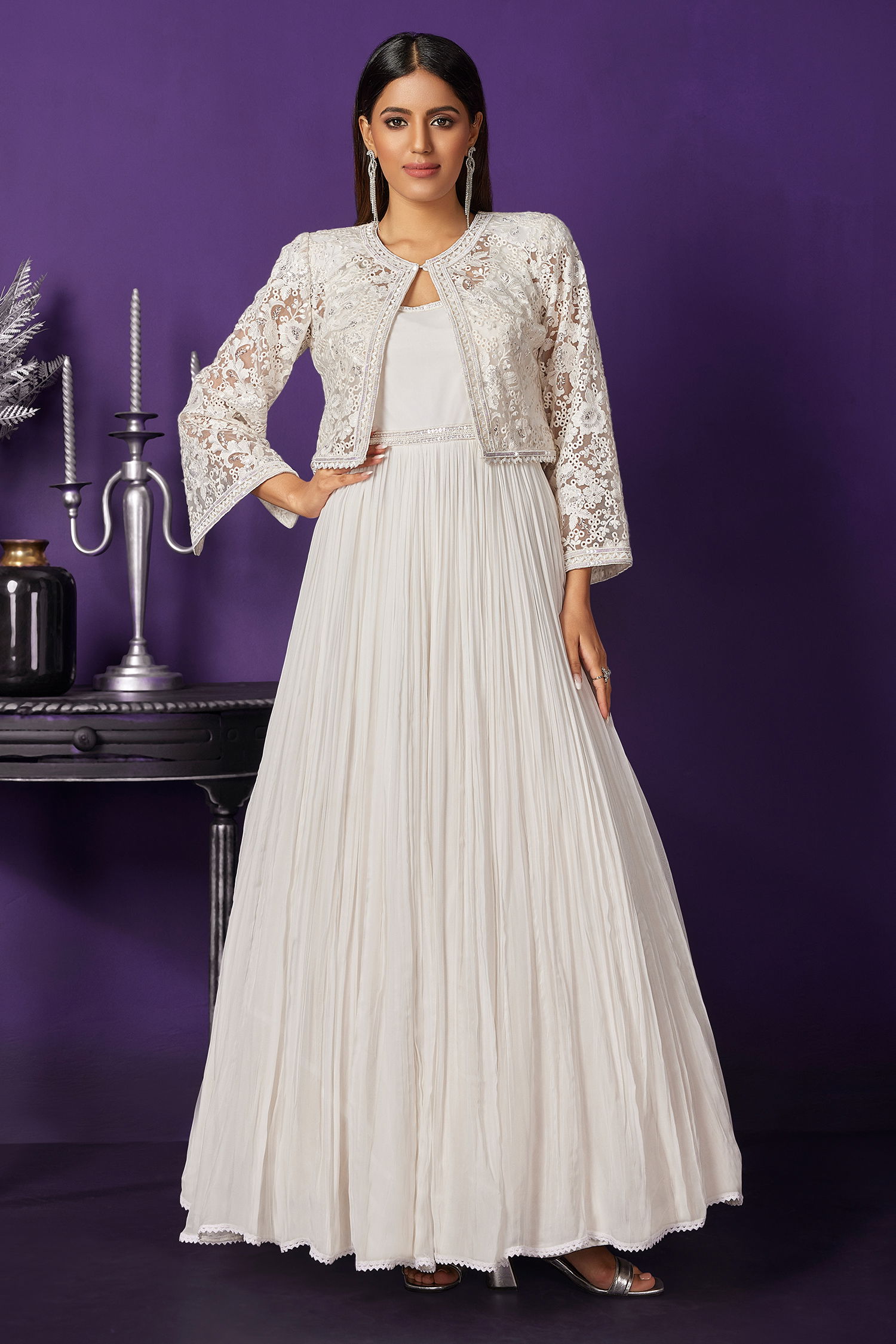 Pearl White Georgette Silk Anarkali Gown with Embroidered Short Jacket