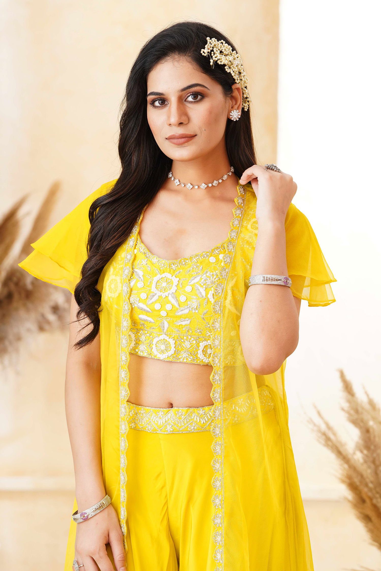 Bright Yellow Chinon Handworked Crop Top Palazzo Set with Jacket